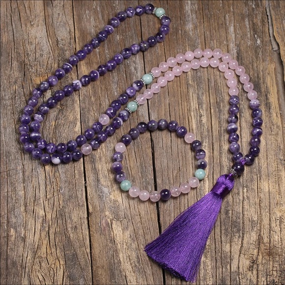 Earth Art hand crafted artisan Jewelry - Dream amethyst, aquamarine and rose Quartz mala necklace bracelet set